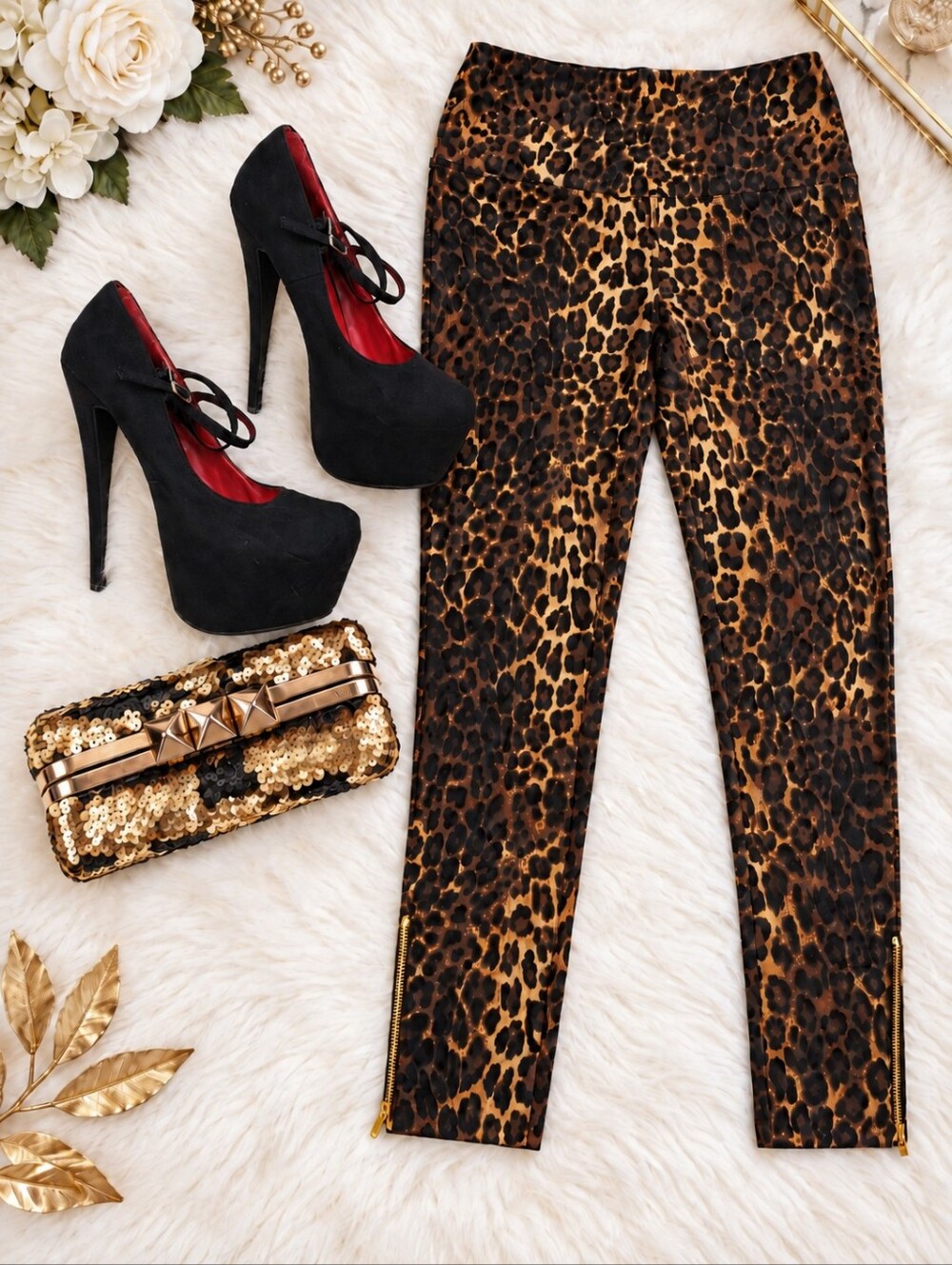 IMAN Leopard Print Skinny Stretch Pants   With Gold Ankle Zippers Size MEDIUM
